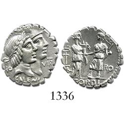 Roman Republic, silver denarius (serrated), moneyer Q. Fufius Calenus and Mucius, ca. 70 BC.