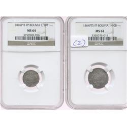 Lot of 2 Potosi, Bolivia, silver minors in NGC capsules: 1/10 boliviano, 1864FP, MS-62; and 1/20 bol