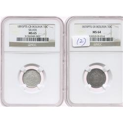 Lot of 2 Potosi, Bolivia, 10 centavos in NGC capsules: 1870ER, MS-64; 1893CB, MS-65.