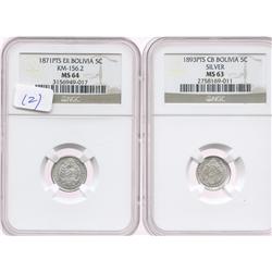 Lot of 2 Potosi, Bolivia, 5 centavos in NGC capsules: 1871ER, MS-64; and 1893CB, MS-63.