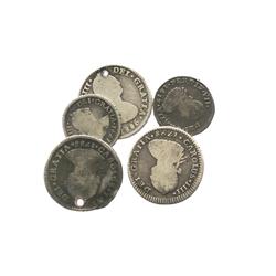 Lot of 5 Santiago, Chile, bust minors, Charles III and IV, various dates: 1R, 1788DA, 1798DA and 180