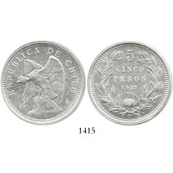 Santiago, Chile, 5 pesos, 1927, 2.7-mm denomination.