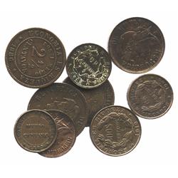 Lot of 9 Santiago, Chile, copper coins: 2-1/2c, 1886, 1887; 2c, 1881, 1882 (with star countermark), 