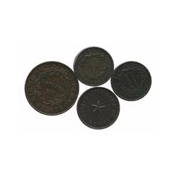 Lot of 4 Santiago, Chile, copper coins: 1c, 1851; 1/2c, 1835, 1851 and 1853.