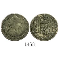 Bogota, Colombia, bust 1 real, Charles III, 1773VJ.