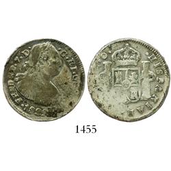 Pasto, Colombia, 2 reales, Ferdinand VII (bust of Charles IV), 1822O, scarce.