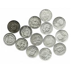 Large lot of 14 Colombian half dollars: 1892 (Columbus), 1902, 1906 (Bogota), 1908 (Bogota), 1914 (o