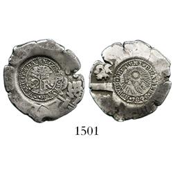 Costa Rica, 2 reales, 1846JB Type V counterstamp on a Lima, Peru, cob 2 reales of the mid-1700s.