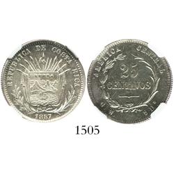 Costa Rica, 25 centavos, 1887GW, "GW-9Ds" variety, encapsulated NGC AU-58.