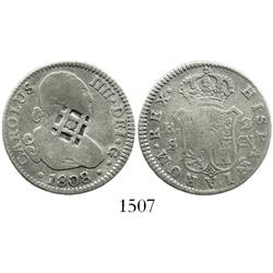 Cuba (Trinidad/Santiago/Principe), 2 reales, lattice countermark (1841) on a Seville, Spain, bust 2