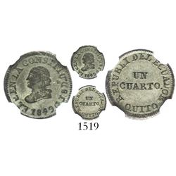 Quito, Ecuador, 1/4 real, 1849GJ, encapsulated NGC XF-40.