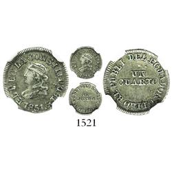 Quito, Ecuador, 1/4 real, 1851GJ, encapsulated NGC XF-40.