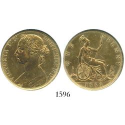 London, England, bronze penny, Victoria, 1889, encapsulated ANACS cleaned / UNC details net MS-60.