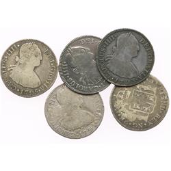 Lot of 5 Guatemala bust 2R, Charles IV, various dates (1790M, 1791M, 1793M, 1795M and 1797M).
