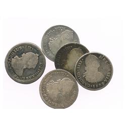 Lot of 5 Guatemala bust 1R, Charles III and IV, various dates (1773P, 1787M, 1791M, 1799M and 1803M)