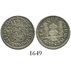 Mexico City, Mexico, pillar 1 real, Charles III, 1763/2M, plain-cross ornaments.