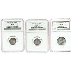 Lot of 3 Lima, Peru, silver minors in NGC capsules: 1/5 sol, 1866/5YB, MS-64; 1 real, 1860YB, MS-65;