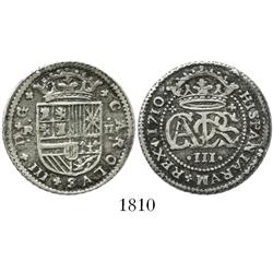 Barcelona, Spain, milled 2 reales "pistareen," Charles III Pretender, 1710.