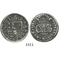 Barcelona, Spain, milled 2 reales "pistareen," Charles III Pretender, 1711.