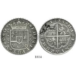 Seville, Spain, milled 8 reales, Philip V, 1734PA.