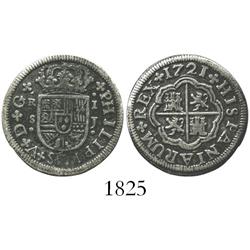 Seville, Spain, milled 1 real "half pistareen," Philip V, 1721J.