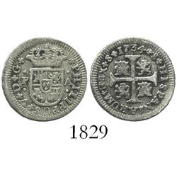 Seville, Spain, milled 1/2 real  quarter pistareen,  Philip V, 1734PA.