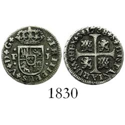Seville, Spain, milled 1/2 real "quarter pistareen," Philip V, 1738PJ.