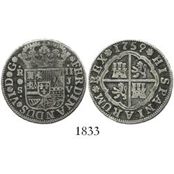 Seville, Spain, milled 2 reales "pistareen," Ferdinand VI, 1759JV.