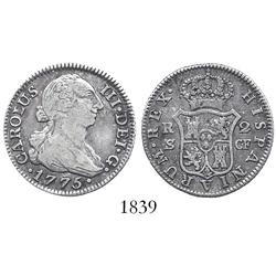 Seville, Spain, bust 2 reales, Charles III, 1775CF.