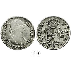 Seville, Spain, bust 2 reales, Charles III, 1776CF.