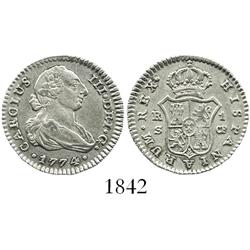 Seville, Spain, bust 1 real, Charles III, 1774CF.