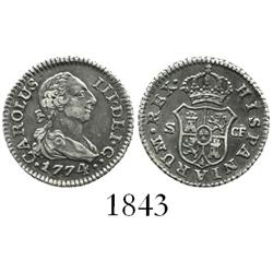 Seville, Spain, bust 1/2 real, Charles III, 1774CF.