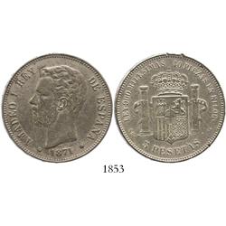 Madrid, Spain, 5 pesetas, Amadeo I, 1871-SDM, incuse 18-71 in stars.