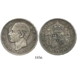 Madrid, Spain, 5 pesetas, Alfonso XII, 1885-MPM, incuse 18-(87) in stars.