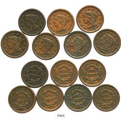 Lot of 7 US copper large cents, various dates (1844, 1845, 1847, 1848, 1849, 1853 and 1854).