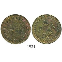 Trinidad, copper 1/2 stampee private merchant token for grocer H.E.RAPSEYS (ca. 1860), rare.