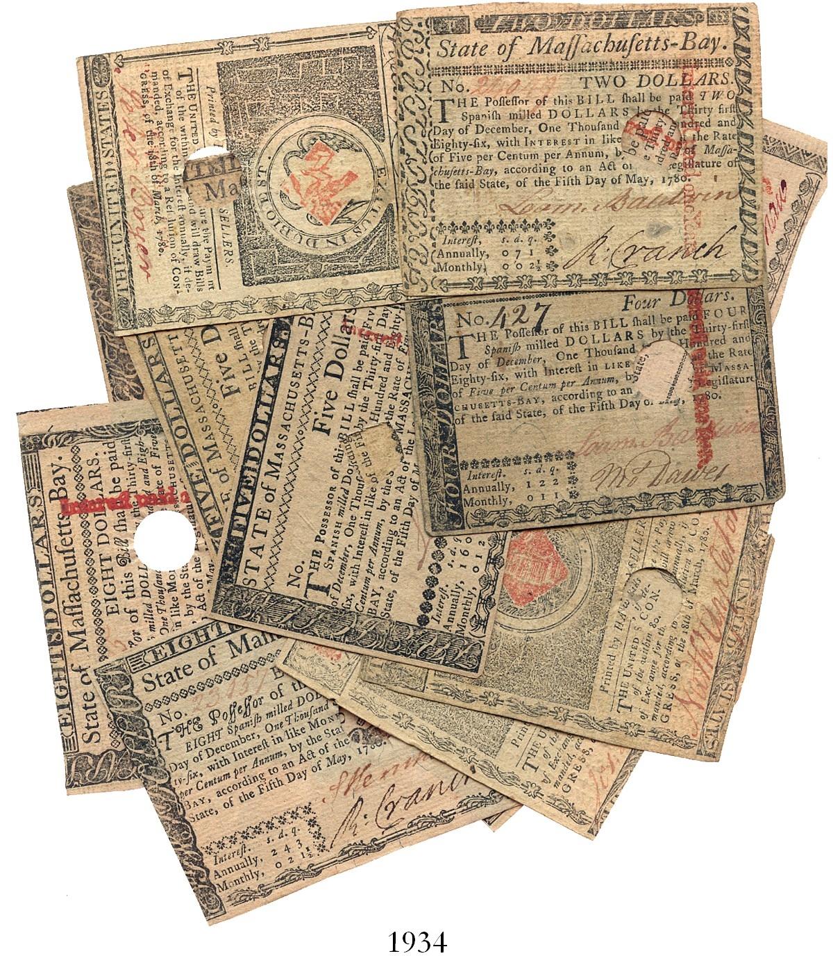 Lot of 14 Massachusetts colonial notes dated May 5, 1780, in ...