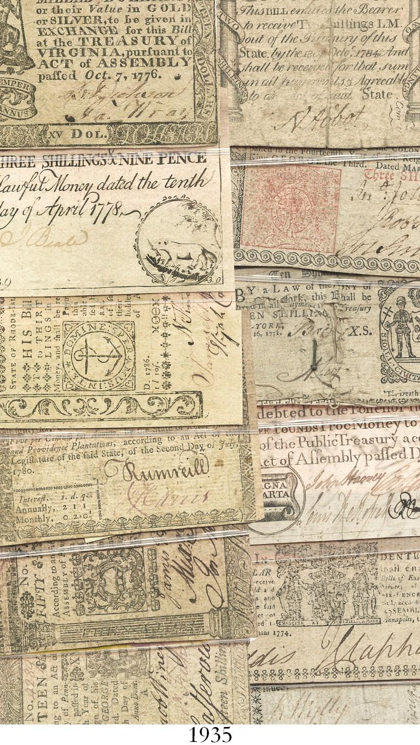 Lot of 14 state colonial notes issued by Connecticut (1), Delaware (1 ...