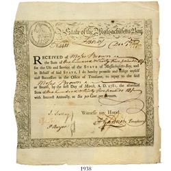 Massachusetts Bay Treasury loan certificate, dated December 1, 1777, in the amount of 135 pounds, 13