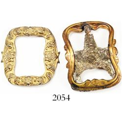 Pair of ornate brass buckles, pictured in Flash of Gold.