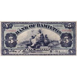 THE BANK OF HAMILTON.  $5.00.  June 1, 1914.  CH-345-20-08.  No. 1791102.  PMG graded VG-10.