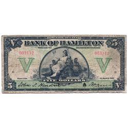 THE BANK OF HAMILTON.  $5.00.  1 March, 1922.  CH-345-22-02.  No. 003112.  PMG graded Very Good-10. 