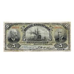 LA BANQUE D'HOCHELAGA.  $5.00.  Mar. 1, 1907.  CH-360-18-04.  CCCS graded Fine-15.  Only four exampl