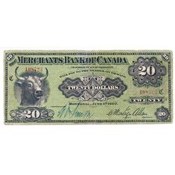 THE MERCHANTS BANK OF CANADA.  $20.00.  June 1, 1907.  CH-460-16-06.  No. 108723/C.  PMG graded Very