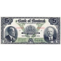 THE BANK OF MONTREAL.  $5.00. Jan. 2, 1923.  CH-505-56-02P.  A Specimen.  PCGS graded Choice AU-58. 
