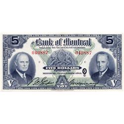 THE BANK OF MONTREAL.  $5.00.  Dec. 7, 1942.  CH-505-64-02.  No. 040887/C.  PCGS graded CH AU-58. PP