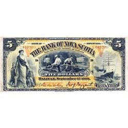 THE BANK OF NOVA SCOTIA.  $5.00.  Sept. 1, 1908.  CH-550-28-12a.  No. 2449200/D.  Orange 'V's.  Very