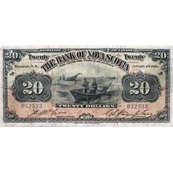 THE BANK OF NOVA SCOTIA.  $20.00.  Jan. 2, 1925.  CH-550-28-18.  No. 032533/A.  PCGS graded Fine-12.