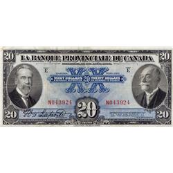 LA BANQUE PROVINCIALE DU CANADA.  $20.00.  1 Aout, 1928.  CH-615-14-18.  No. N043924.  PMG graded Ve