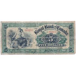 THE ROYAL BANK OF CANADA.  $5.00.  Jan. 2, 1909.  CH-630-10-04-02.  No. 445914/C.  Black.  Signed Ho